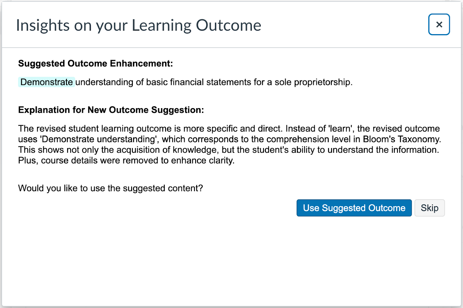 Insights on your Learning Outcome
